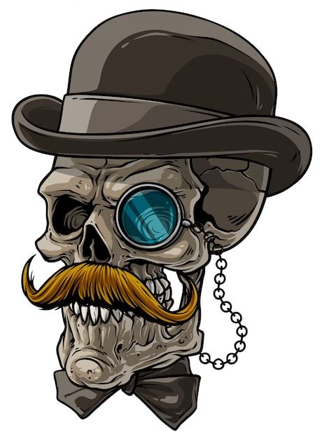 Premium Vector Cartoon Gentleman Skull With Black Hat And Monocle