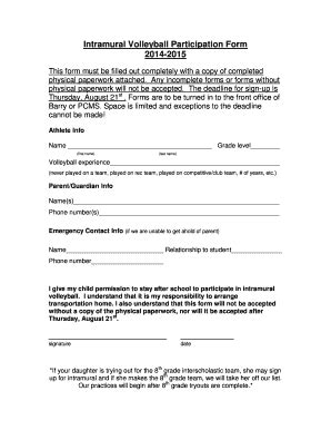 Fillable Online Intramural Volleyball Participation Form Fax