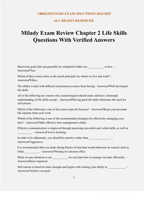 Milady Exam Review Chapter 2 Life Skills Questions With Verified