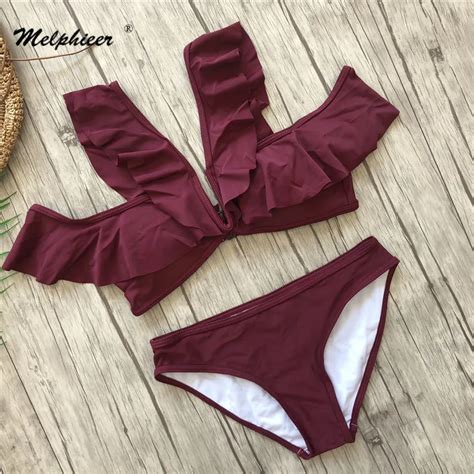 Melphieer Burgundy Bikinis Set Solid Push Up Bikini 2020 New Padded Bra