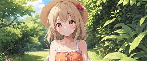 Attractive Teenage Girl With A Hat Sitting In The Middle Of Nature Anime Manga Hentai Stock