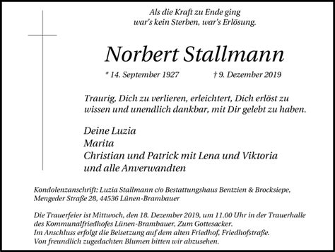 Traueranzeigen Von Norbert Stallmann Trauer In Nrw De