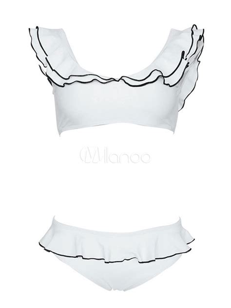 Women Bikini Swimsuit Ruffles Two Tone Plunging Neckline Summer Beach Swimwear Milanoo