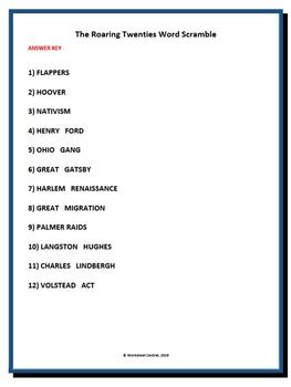 The Roaring Twenties Differentiated Word Scramble W Answer Key