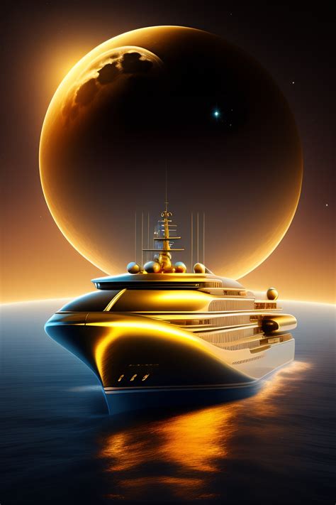 Lexica A GOLDEN LUXURY MEGA YACHT FLYING IN SPACE NEAR THE MOON