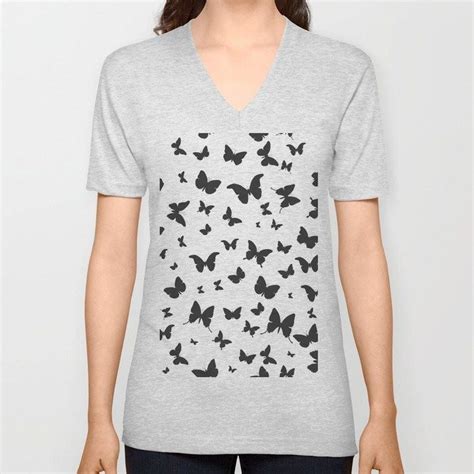 Black Butterflies Silhouette Pattern On White Background V Neck T Shirt