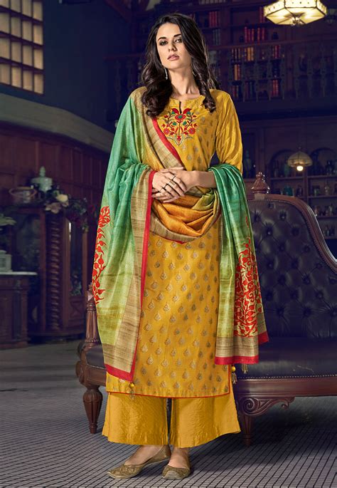 Yellow Tussar Silk Palazzo Suit 234579