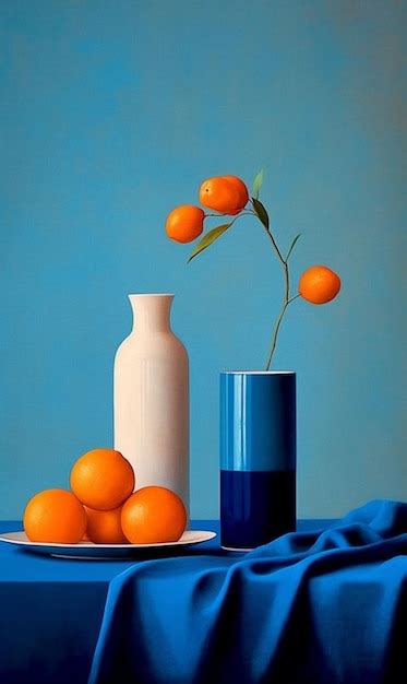 Premium Ai Image A Blue Vase With Oranges And A Vase With Oranges On It