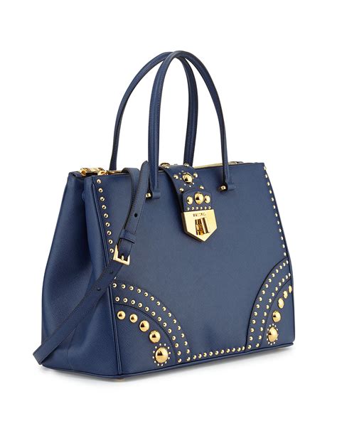 Prada Studded Saffiano Medium Turn Lock Tote Bag Blue Bluette