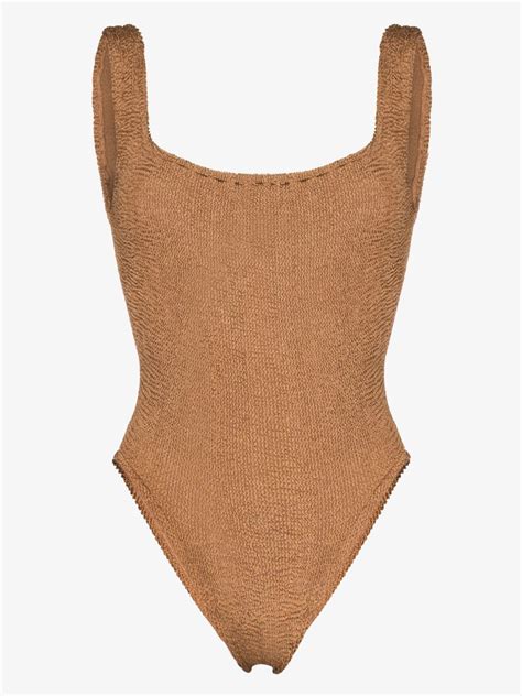 Hunza G Brown Crinkle Square Neck Swimsuit Browns