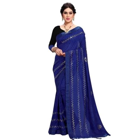 Generic Women S Vichitra Silk Hotfix Stone Work Saree With Blouse Blue