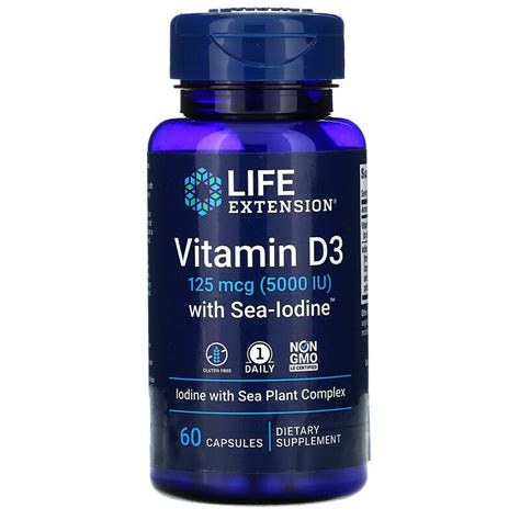 Vitamina D3 5000ui Com Iodo Marinho 60 Cápsulas Life Extension Unité Beleza E Saúde