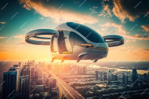 Premium AI Image | Air Vehicle Flying Above The Cityscape Flying Car Of ...