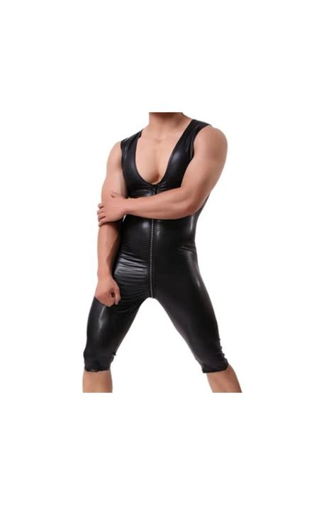 Hsqsmwj Homme Catsuit Cuir Verni Leotard Lingerie Ouverte Zip Jumps