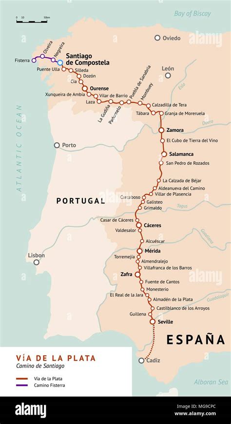 Vía de la Plata map. The Silver route. Camino De Santiago or The Way of St.James in Spain ...