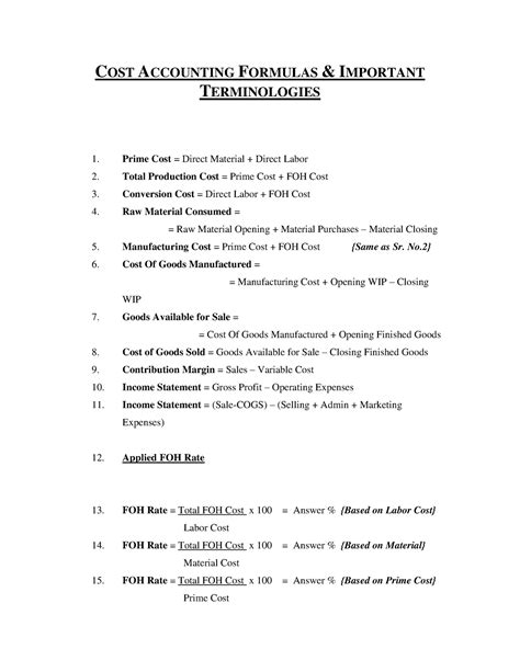 Cost Accounting Formula S Cost Accounting Formulas And Important Terminologies Prime Cost