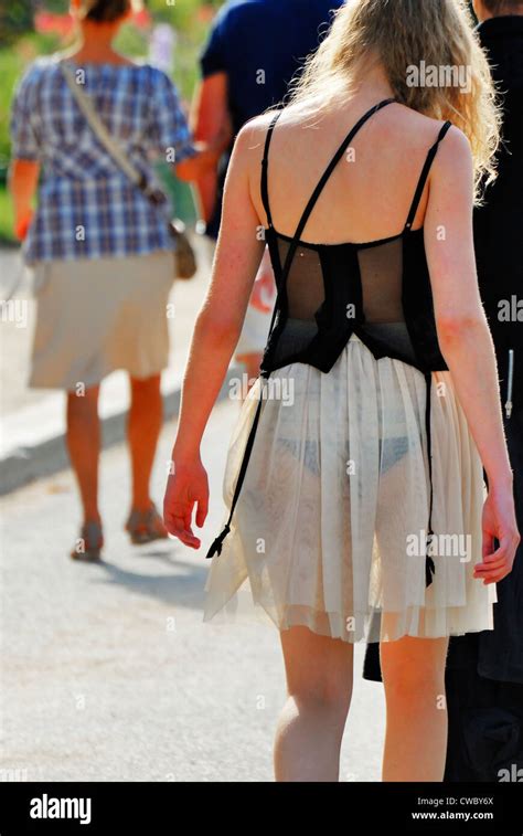 Paris France Girl Walking In Street With See Through Skirt And Black