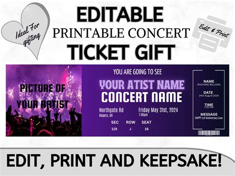 Editable Concert Ticket Stub Ticket Keepsake Custom Movie Ticket Memorabilia Memory Box Ideas ...