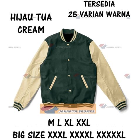 Jual Jaket Varsity Hijau Tua Lengan Cream Baseball Kancing Pria Wanita