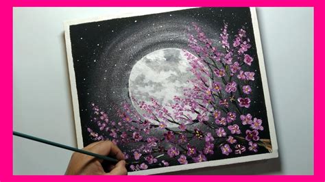 Pintura De Noche Con Luna Llena Y Arbol Con Flores De Cerezo Tutorial