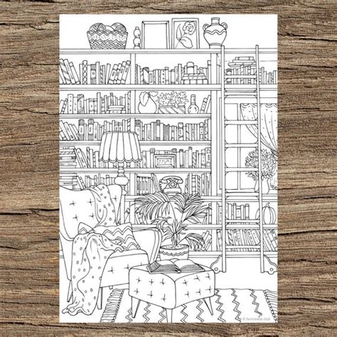 Library Printable Adult Coloring Page From Favoreads Etsy