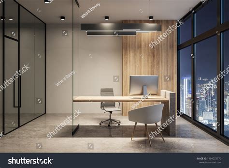 Modern Office Interior Equipment Night City Stock Illustration