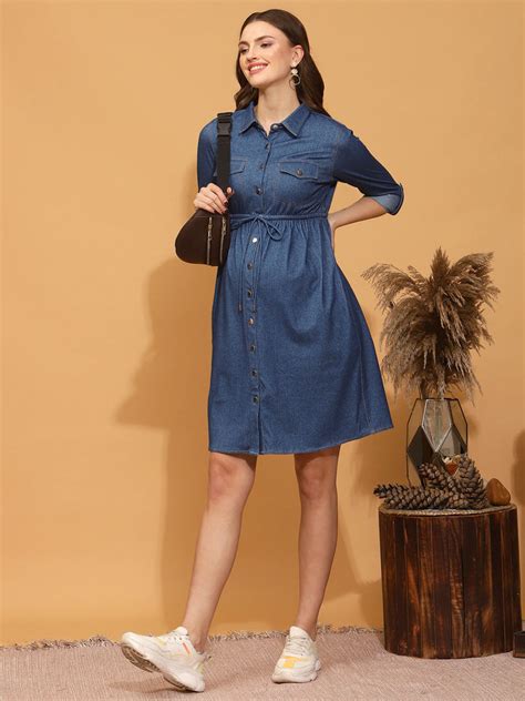 Full Sleeves Denim Maternity Shirt Dress Blue