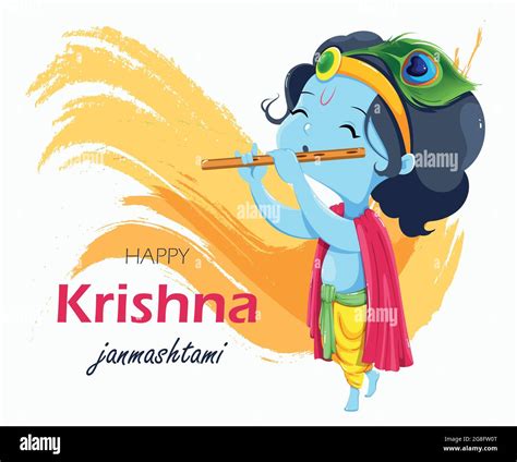 Happy Krishna Janmashtami greeting card. Lord Krishna kid paying flute ...