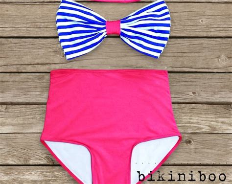 Bow Bandeau Bikini Vintage Style High Waisted Pin Up Etsy