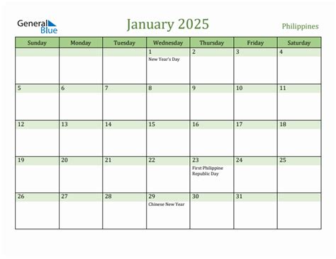 January 2025 Philippines Monthly Calendar with Holidays