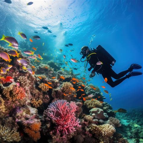 A Diver Exploring A Vibrant Coral Reef With A School Of Colorful Fish