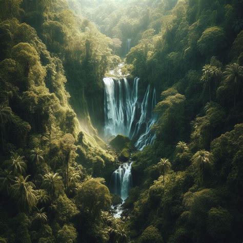 Premium Photo Beautiful Waterfall In Green Forest Top View Tropical