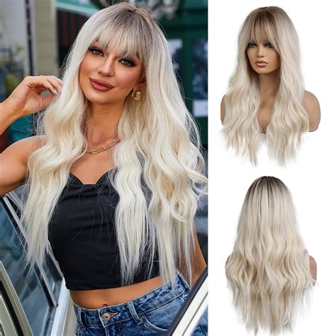 Oufei Long Wavy Platinum Blonde Wig With Bangs For Women Light Blonde Wig Natural