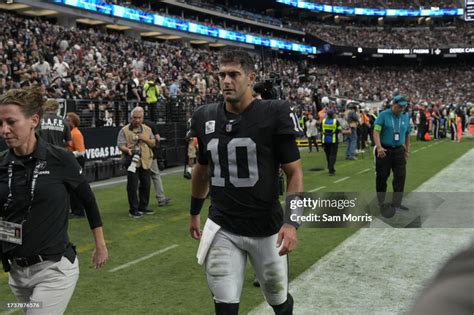 Jimmy Garoppolo Of The Las Vegas Raiders Walks Off The Field In The