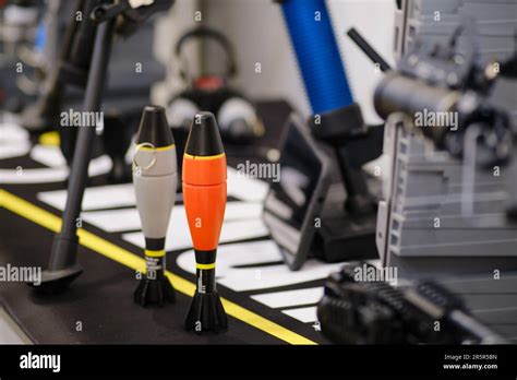 A training rocket launcher filled with pyrotechnics, used to safely ...