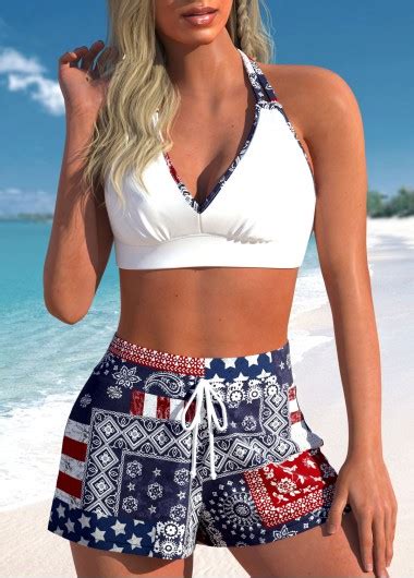 Patchwork High Waisted Flag Print Navy Bikini Set Modlily USD 32 98