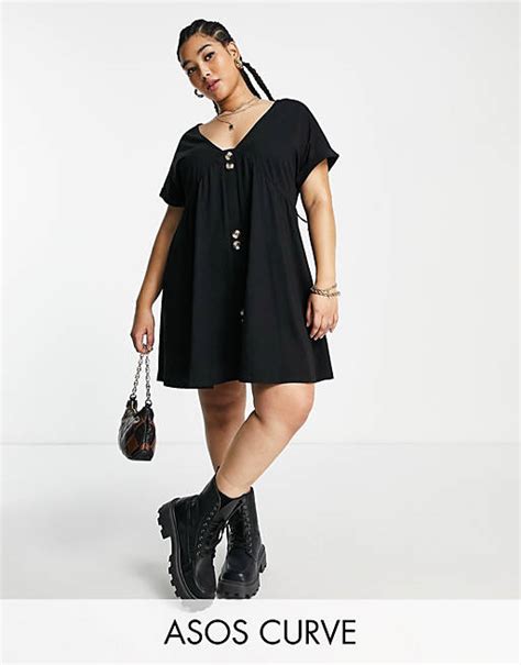 Asos Design Curve Short Sleeve Mini Smock Dress With Large Button