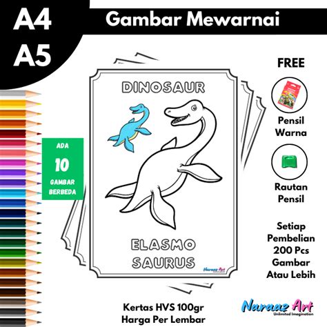 jual gambar mewarnai dinosaurus lucu sketsa dino  anak tk sd hvs