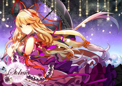 Blonde Hair Dress Jeminl Long Hair Orange Eyes Petals Stars Touhou Umbrella Yakumo Yukari
