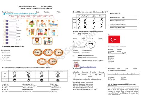 4 Sınıf İngilizce 1 Dönem 2 Yazılı Soruları Klasik Test 2021 2022