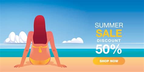 Premium Vector Summer Sale Banner Template Design With Woman In Bikini Sits On The Beach