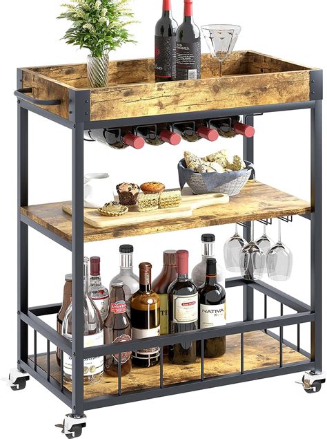 Hantu Wine Serving Bar Cart 3 Tiers Large Home Trolley Rolling Wine Rack With Wheels Mobile