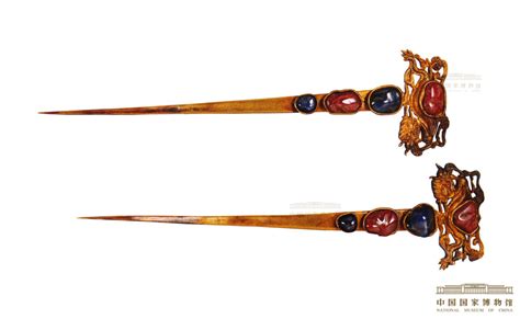 Gilt Silver Hairpins With Inlaid Gems And A Running Dragon National