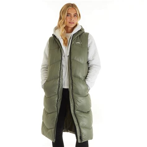 Buy Bench Womens Saz Long Line Hooded Gilet Khaki