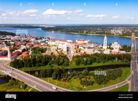 Drone View Of The City Of Rybinsk With The Bridge Over The Volga River