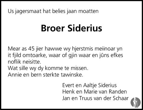 Broer Pieter Siderius Overlijdensbericht En Condoleances