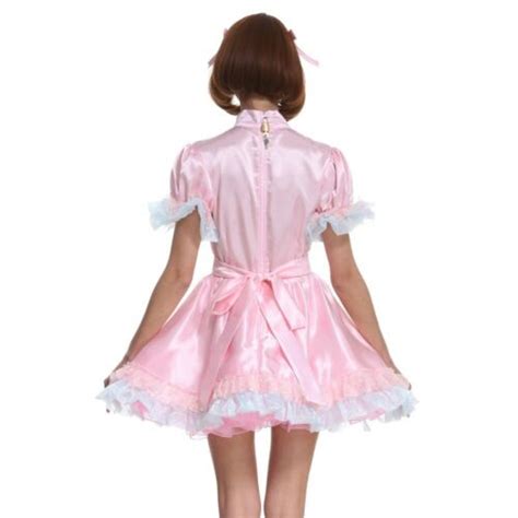 Sissy Girl Maid Pink Lockable Bow Satin Dress Crossdressing Cosplay