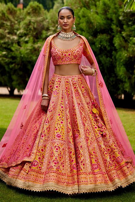 Buy Red Silk And Net Embroidery Thread Scoop Neck Lehenga Set For Women