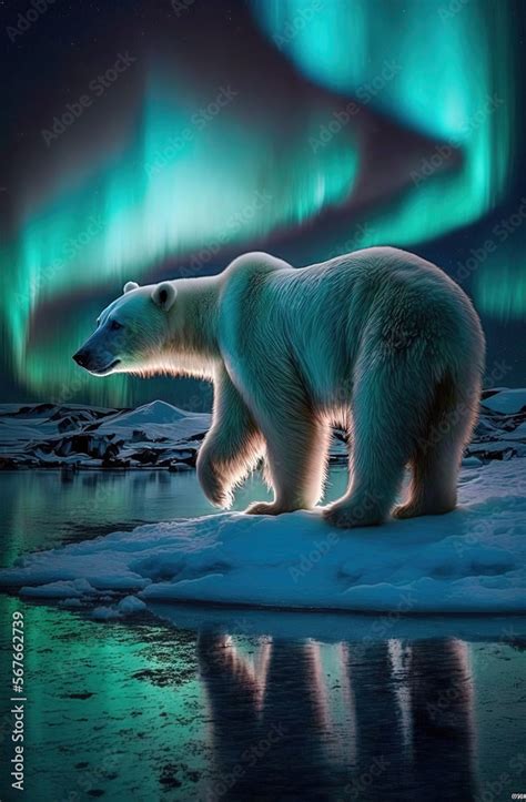 Polar bear on a glacier under Northern lights. Generative AI. Stock ...