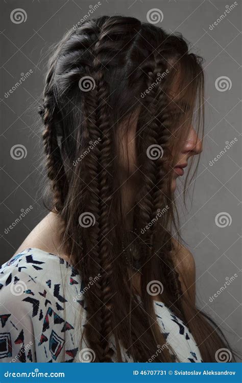 Profile Portrait Of Fashion Female Brunette With Braids Stock Image